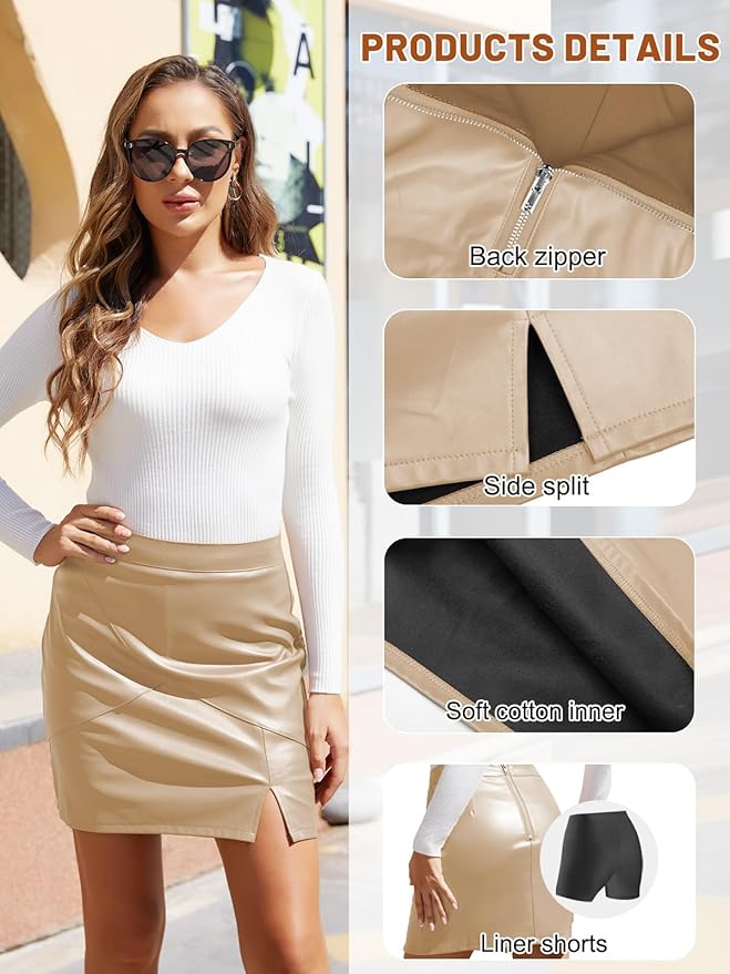We1Fit Womens Fuax Leather Skirt High Waisted Bodycon Pencil Mini Skirts with Shorts