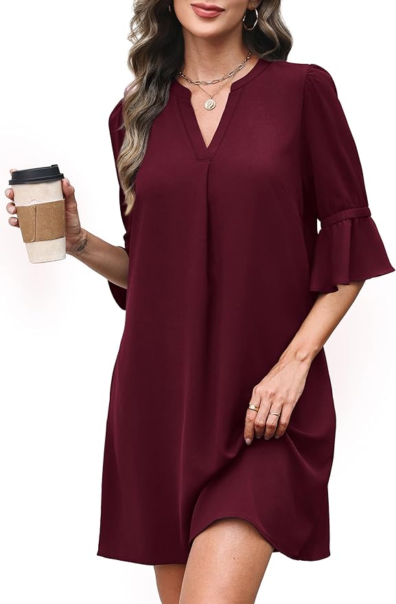 RUMIA Shift Dress for Women V Neck Ruffle Short Sleeve Loose Casual Summer Dress