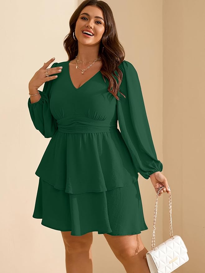 RWJ Plus Size Dresses for Curvy Women V Neck Long Sleeve Elastic Waist Fall Wedding Guest Layer Casual Mini Dress