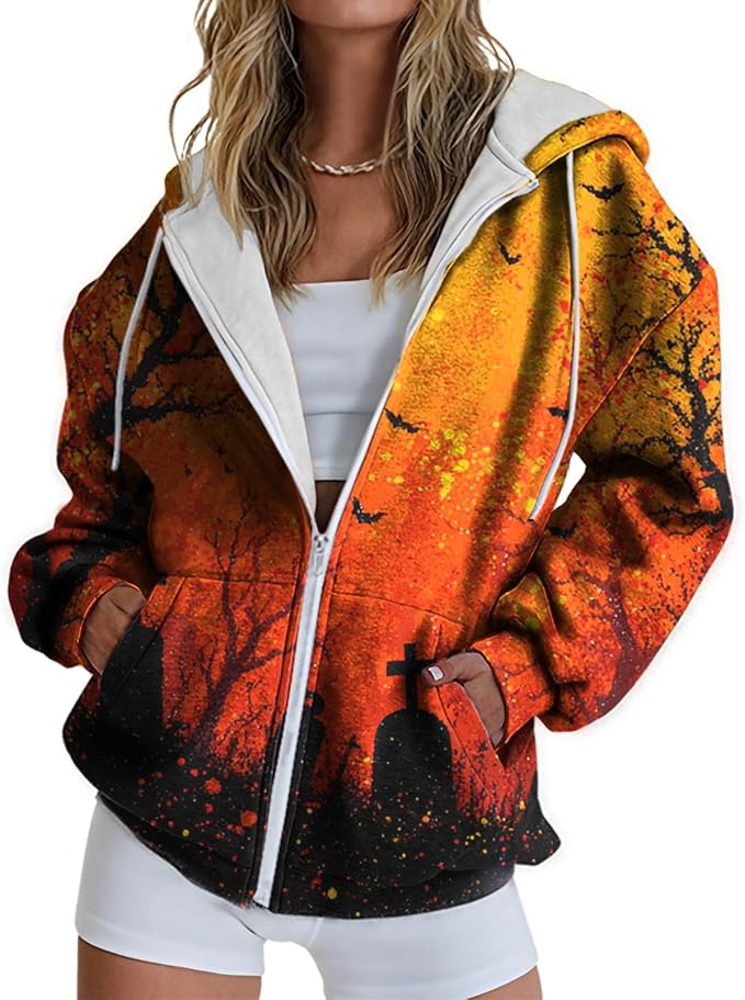domirica Halloween Hoodie Lightweight Zip Hoodies For Women Fall Casual Vintage Sweatshirt Casual Wear Fashion Outfits