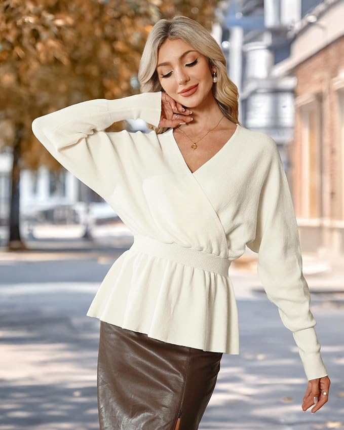 Lotusmile Womens Dressy Knit Peplum Sweater Long Sleeve Fall Wrap V Neck Pullover Tops
