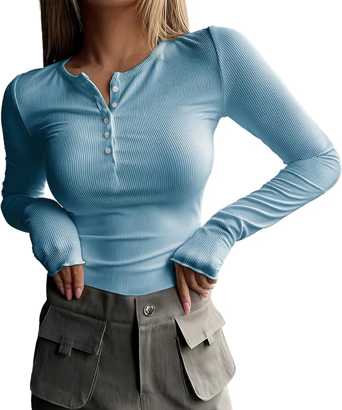 MARSVOVO Fashion Crop Tops for Women Scoop Neck Button Comfy Ribbed Slim Fit Cute Shirts Casual Party Fall Tops