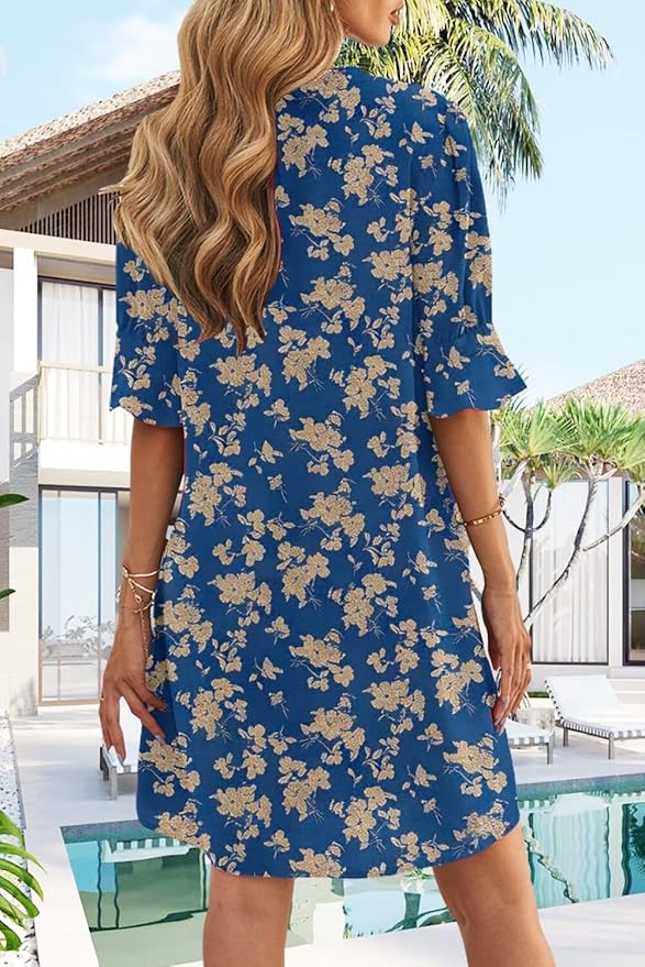 QACOHU Summer Dresses for Women V Neck Ruffle Short Sleeve Casual Shift Dress