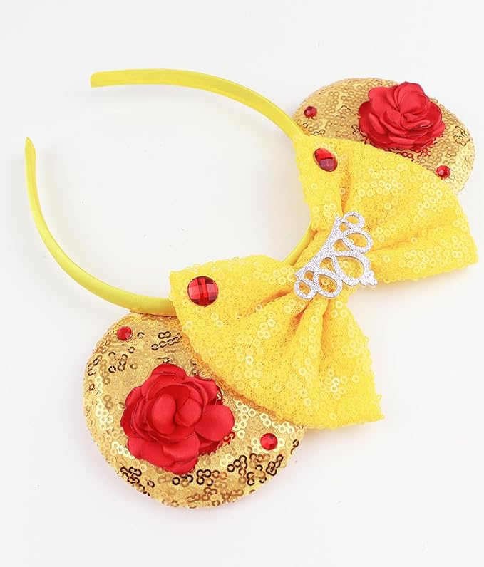 LIHELEI Mouse Ears Headband with Beauty Red Rose, Princess Belle Ears Headbands for Halloween Costume, Princess Party Headwear Hair Accessories for Women - Red Rose
