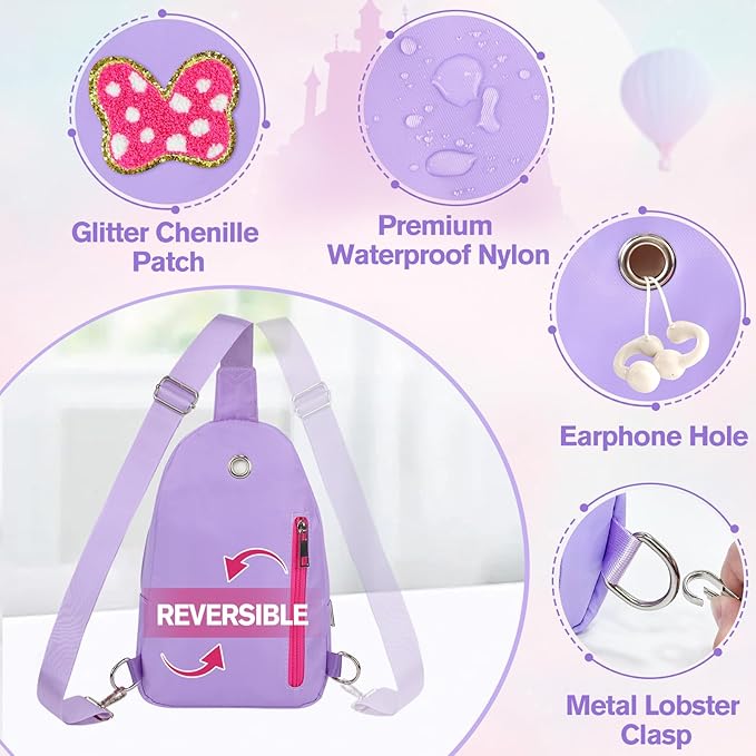 7 8 9 10 11 12 13 22 Year Old Girl Birthday Gifts, Purple Initial Bow Mouse Park Small Sling Bag for Girls Daughter Women, Teen Girl Gifts Trendy Stuff Crossbody Fanny Pack Must Have for Park Travel K