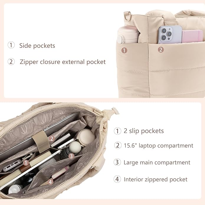 Tote Bag for Women Puffer Tote Bag Large Nurse Bags Shoulder Handbag with Zipper for Work Travel