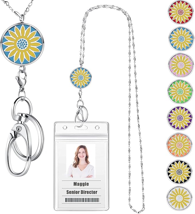 Lanyards for Women - Teacher Lanyards for ID Badges and Keys Stainless Steel Necklace Lanyard with ID Holder, Teacher Appreciation Gifts Sunflower Female Employee Nurse Accessories Work Office Jewelry