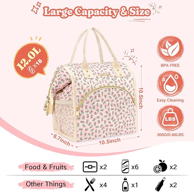 Lunch Bag Women Insulated Lunch Box Wide-Open Lunch Tote Bag Large Drinks Holder Durable Nylon Thermal Snacks Organizer for Men Adults Work Picnic Hiking Beach Fishing, Blue Flower