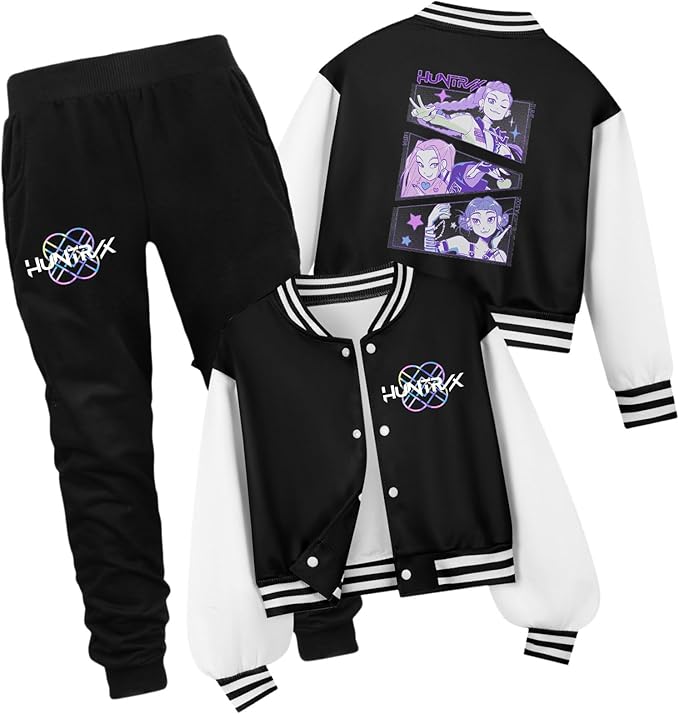 K PopGirls Kpop Tracksuit Cute Cartoon Print Baseball Coats Fashion Long Sleeve Jackets and Pants Christmas Costume Set