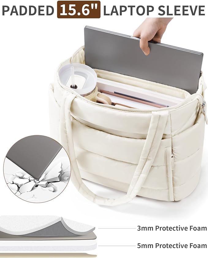 Puffer Tote Bag for Women, Lightweight Puffy Work Handbag Teacher Nurse Quilted Shoulder Bag for School Travel Gym | Quilted, with Zipper, Daily Carry On Bags, Comfy College Bags, 15.6" Laptop Sleeve, Cup Holder Pocket, Portable, Spacious