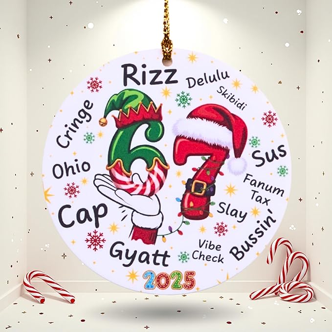 67 Funny Christmas Ornament – 67 Meme Teen Slang Santa Says Six Seven Acrylic Ornament, Rizz Gyatt Skibidi Delulu Sus Holiday Decor, Viral Xmas Gift for Gen Z Teens