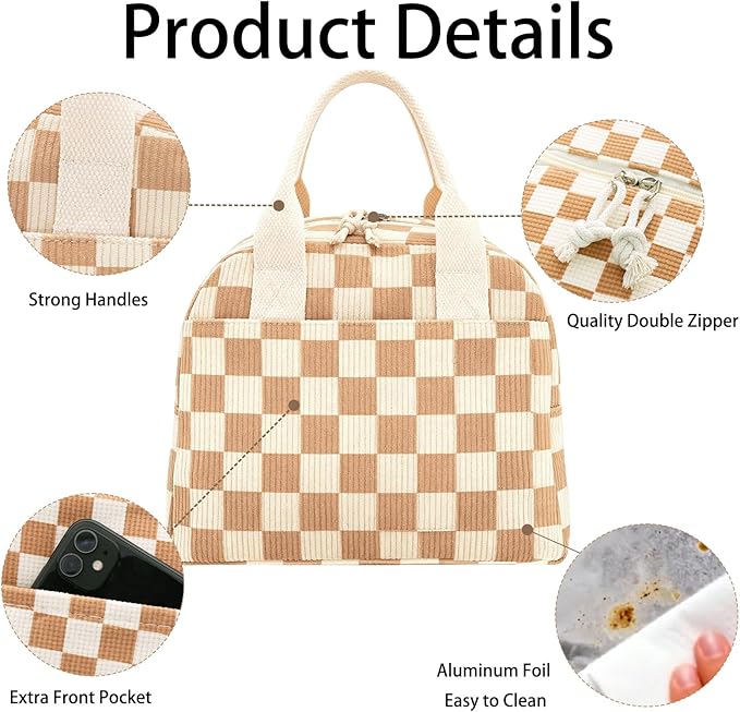 Stylish Lunch Box for Women Cute Lunch Box Reusable Checkered Corduroy Insulated Lunch Bag With Dual Zippers & Multiple Pockets for Work Travel Picnic Outdoor Activities