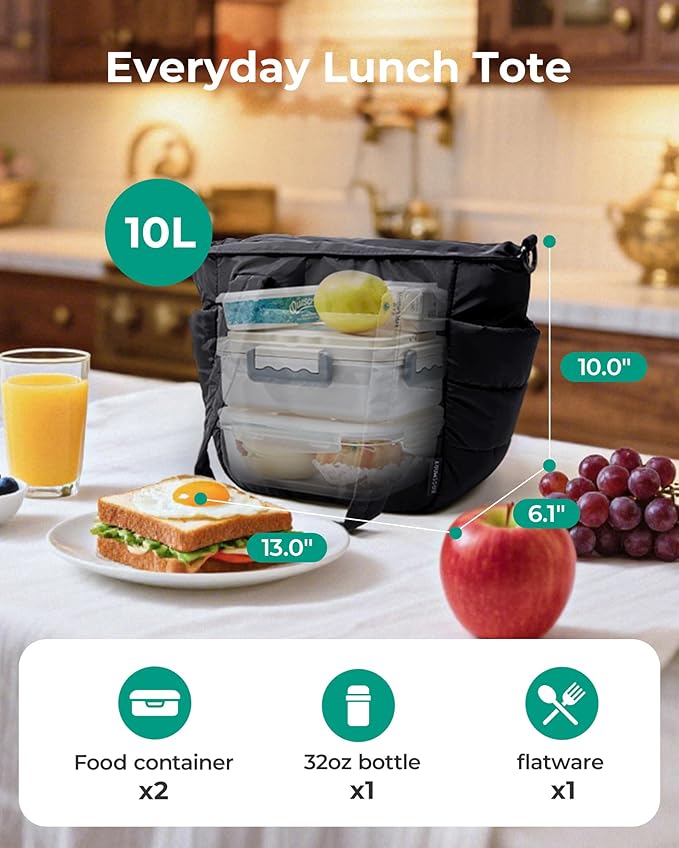 BAGSMART Lunch Bag Women Small Insulated Tote with Lunch Compartment Quilted Lightweight Puffy Tote Bag for Work, Travel, Outdoor, Green