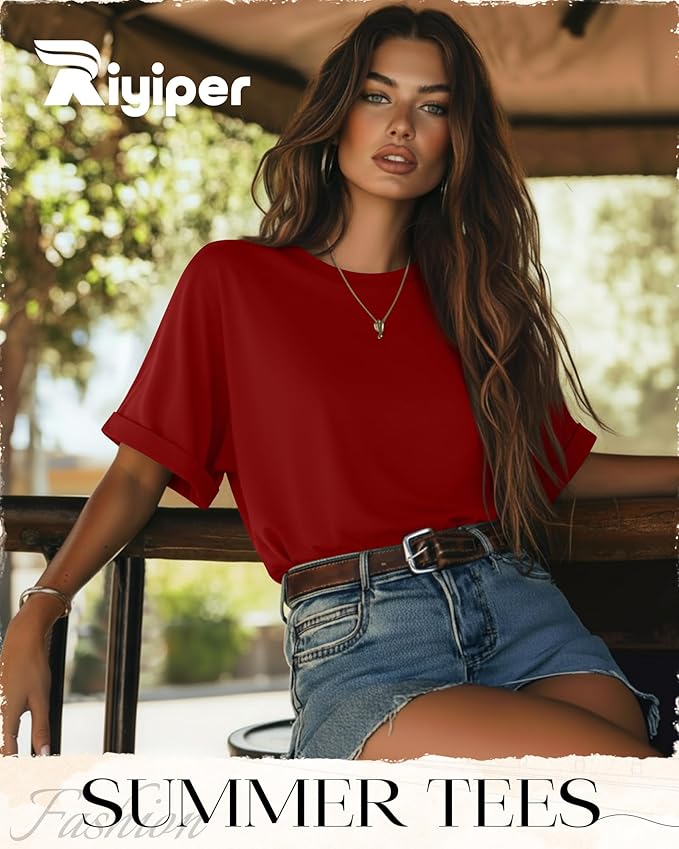 Riyiper 3 Pack Women's Oversized T-Shirt Half Sleeve Summer Tees Casual Loose Fit Crew Neck Basic Tops