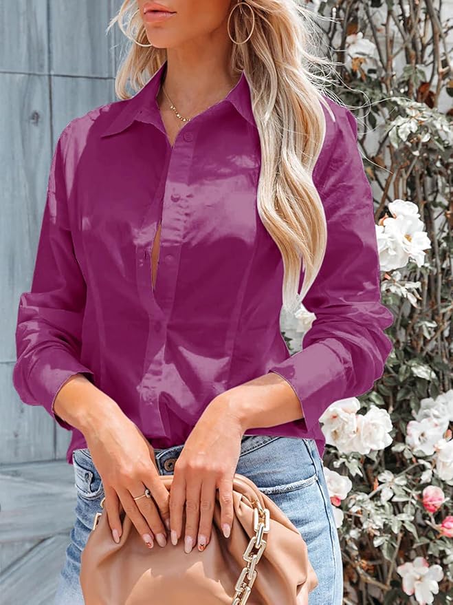 siliteelon Women's Button Down Shirts Long Sleeve Dress Shirts Wrinkle Free Collared Work Office Solid Blouses Corset Tops