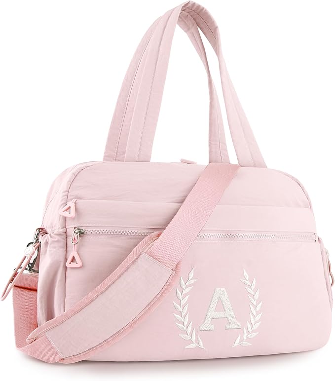 Gift for Women, Kid & Friend, Initial Girls Duffle Bag, Monogrammed Personalized Overnight Weekender, Birthday Gifts for Teen, Mom, Daughter, Grandmother, Dad (Pink, A)