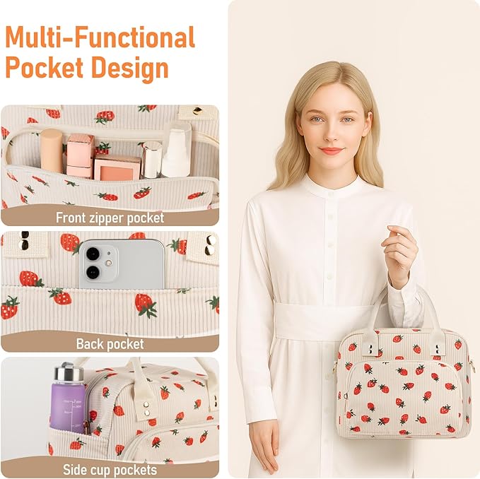 Lunch Bag Large Insulated Lunch Box for Women Adult Cute Beige Strawberry Lunchbox Corduroy Lunch Bags Boxes Pail with Shoulder Strap for Work Mom Picnic Office Travel 11.4×6.8×9.1 inches 11.5L