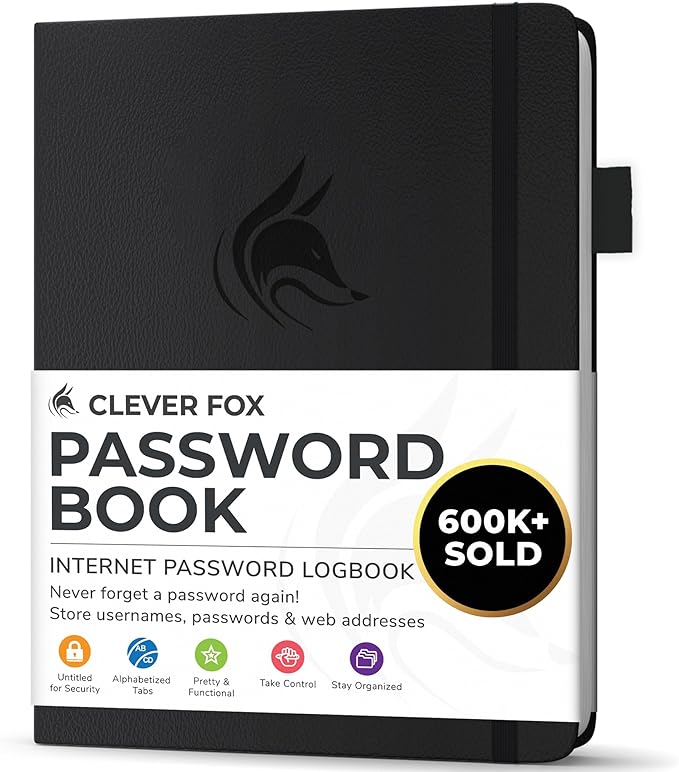 Clever Fox Password Book with alphabetical tabs. Internet Address Organizer Logbook. Small Pocket Password Keeper for Website Logins (Black)