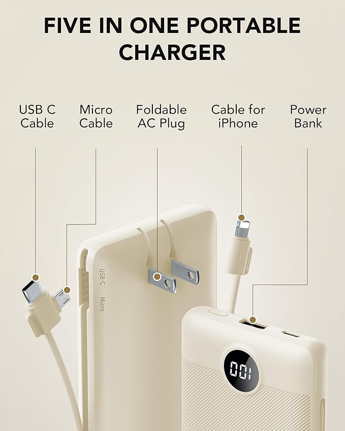 Portable Charger Built-in Cables and AC Wall Plug, USB C Power Bank 10000mAh, Travel Battery Portable Phone Charger Compact Lightweight External Battery Pack for Smart Phones, Tablets etc-Light Coffee