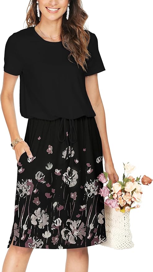 Simier Fariry Womens Spring Hide Belly Knee Length Travel Dress Pocket Summer Short Sleeve Midi Work Casual Outfits