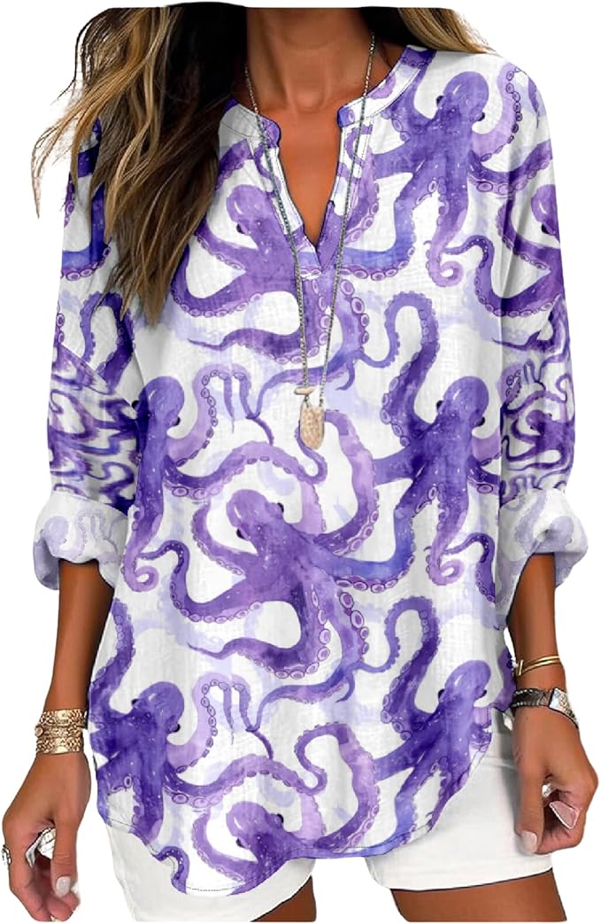 MARSVOVO V Neck Shirt For Women Boho Multi Style Blouse Long Sleeve Novelty Graphic Plus Size Pullover Tops For Women