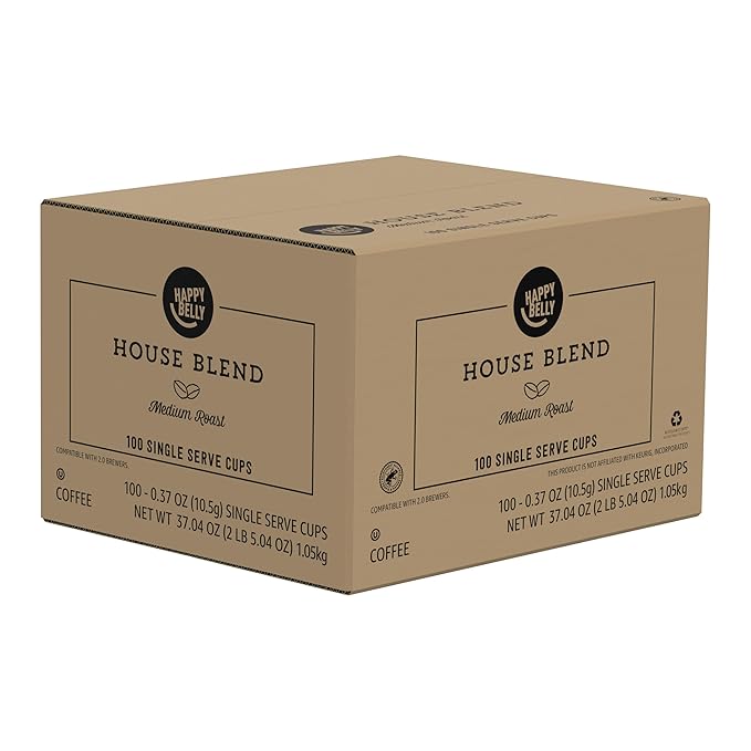 Happy Belly an Amazon Brand -Medium Roast Coffee Pods, House Blend, Compatible with Keurig 2.0 K-Cup Brewers, 100 Count
