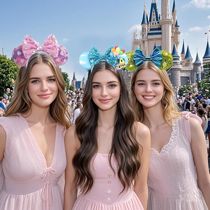 WW-WONDERFULWORLD Mouse Ears Headbands with Shiny Blue Bows, for Costume Cosplay Glitter Party, Sky + Balloon + House; 2QQ