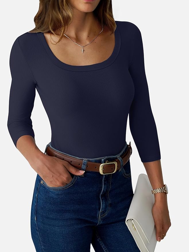 Womens 3/4 Sleeve Scoop Neck Top Ribbed Knit Slim Fitted Casual Basic Tee Shirts 2025 Fall Trendy Work T-Shirt Outfits