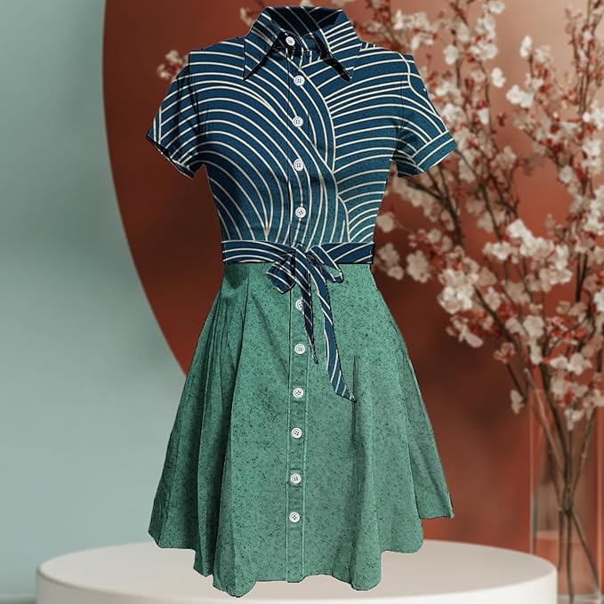 MARSVOVO Japanese Art Shirt Dresses for Women Short Sleeve Ruffle Button Down Tie Waist Trendy Elegant Midi Dress