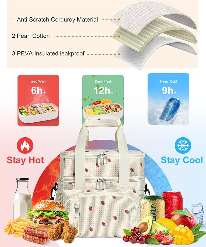 Insulated Lunch Bag for Men & Women, 9L Leakproof Lunch Box Soft Cooler Tote with 5 Pockets, 600D Oxford, EVA Lining, Adjustable Strap for Work, Picnic, Beach&Travel - Corduroy Cue Strawberry