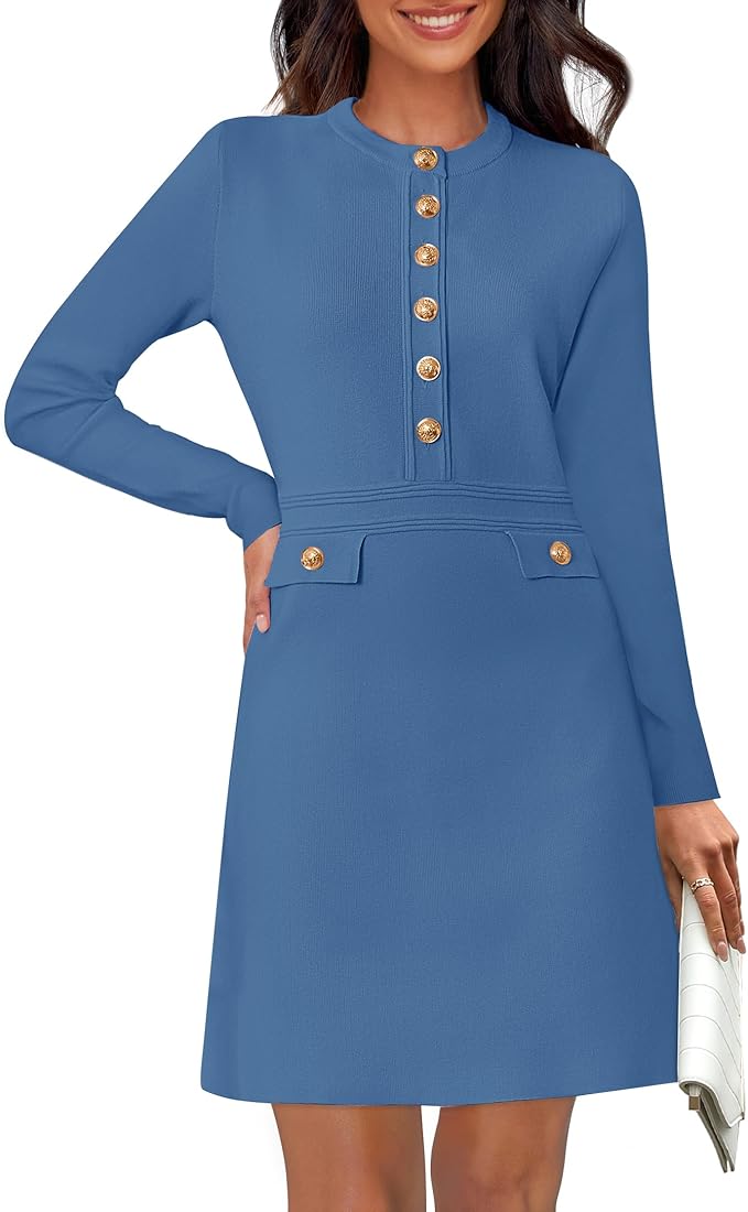 NENONA Women's 2026 Long Sleeve Fall Winter Sweater Dress Spring Fashion Button Elegant Business Casual Work Mini Dresses