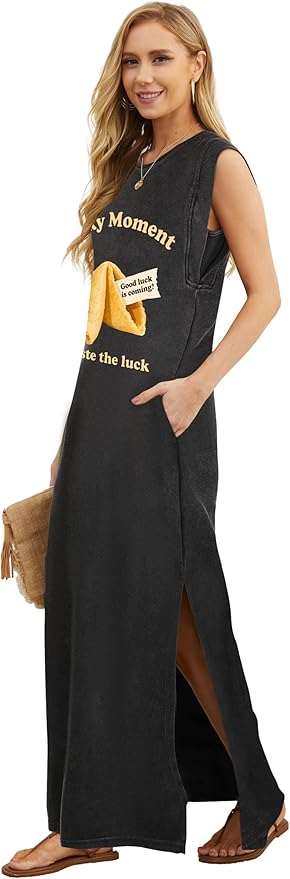 GRECERELLE 2026 Women Year-Round Casual Round Neck Loose Split Wrinkle-Free Long Maxi Vacation Dress with Pockets (XXS-4XL)