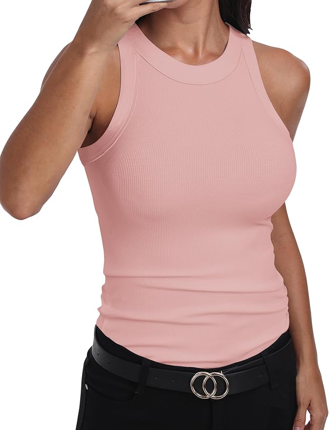 GEMBERA Womens Sleeveless Racerback High Neck Casual Basic Cotton Ribbed Fitted Tank Top