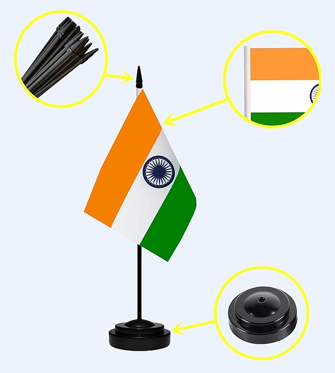 USA American & India Indian Desk Flags, US India Office Table Flag, Small Mini Miniature Indian and US Desktop Flag With 13" Solid Black Pole, Black Base
