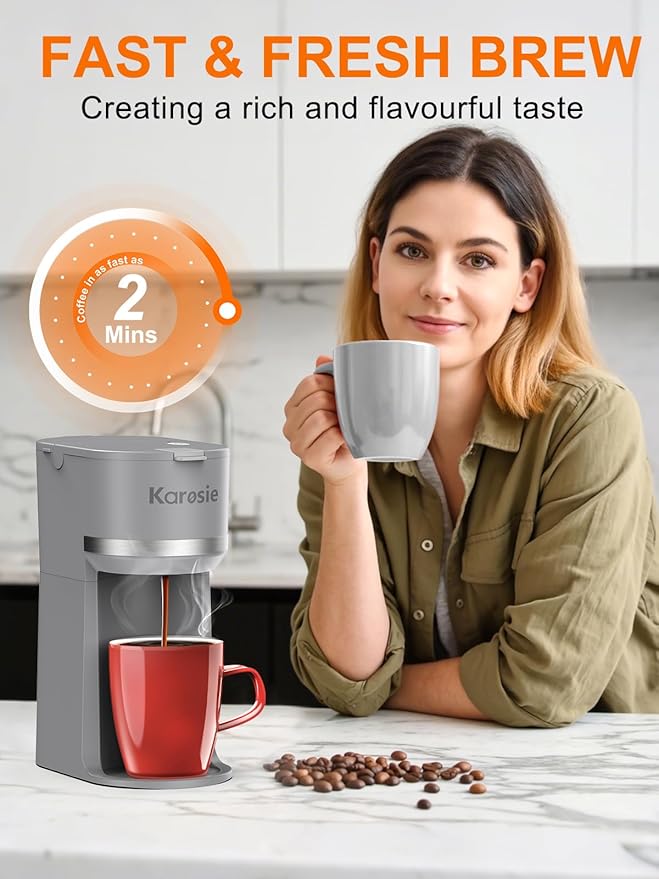 Karosie Single Serve Coffee Maker for K-Cup and Ground Coffee, Fast Brew, 6-12 oz Brew Sizes One Cup Coffee Machine Fits 5.5" Mugs, One-Button Small Coffee Maker with Descaling Reminder,Grey