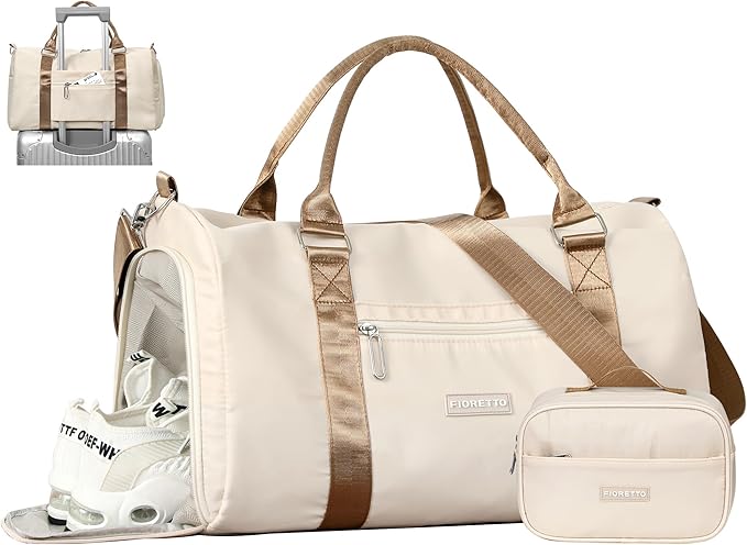 FIORETTO Womens Gym Tote Duffle Bag with Toiletry Bag, Sports Duffel Overnight Hospital Workout Carry on Bag for Girls with Wet Pocket & Shoe Compartment, Ideal for Travel, Swimming, Beige & Brown