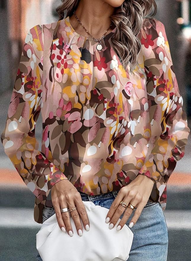 Samefar Womens Tops Dressy Casual Pleated Crew Neck Long Sleeve Shirts Office Work Chiffon Blouses