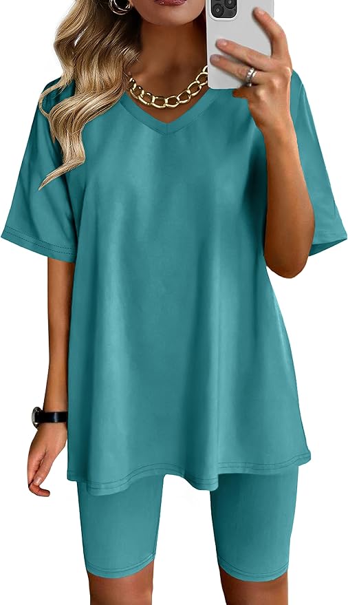 AGSEEM Two Piece Outfits For Women Summer V Neck T-Shirt Tops Biker Shorts Workout Sports Tracksuit