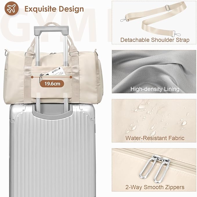 FIORETTO Womens Gym Tote Duffle Bag with Toiletry Bag, Sports Duffel Overnight Hospital Workout Carry on Bag for Girls with Wet Pocket & Shoe Compartment, Ideal for Travel, Swimming, Dance Beige