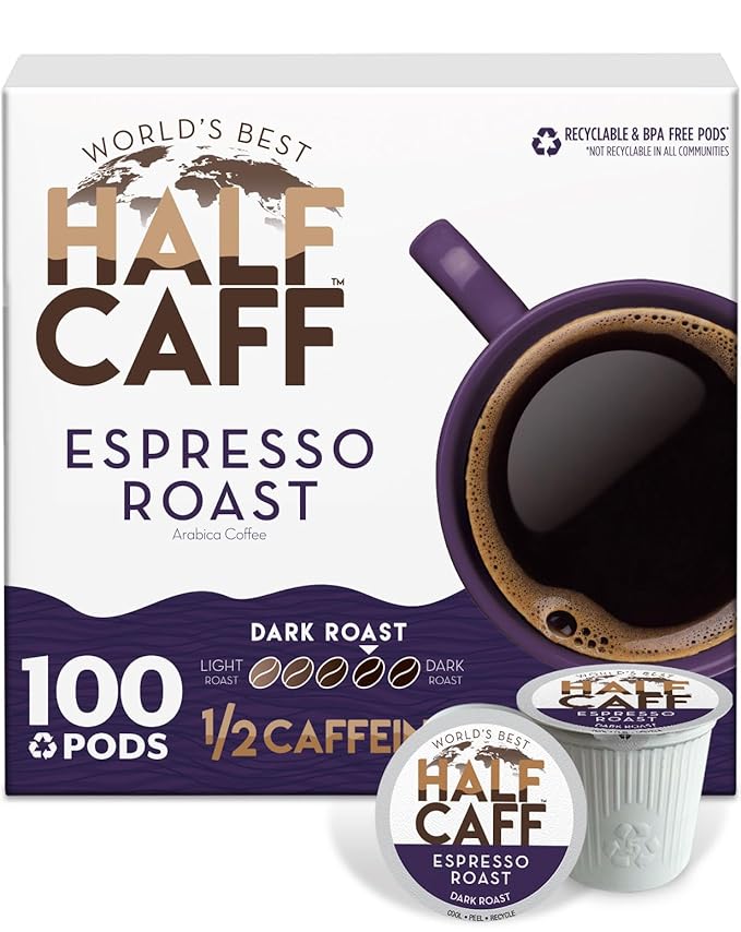 World's Best Half Caff Espresso Roast Coffee Pods, 100 ct, Dark Roast in Recyclable Single Serve Pods – 100% Arabica Coffee, Compatible with Keurig K Cups Maker
