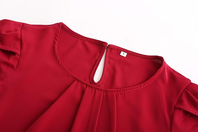 TASAMO Women's Casual Round Neck Basic Pleated Top Cap Sleeve Curved Keyhole Back Chiffon Blouse