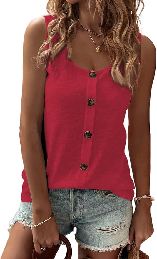 SHEWIN Womens Tank Tops Solid Button Crewneck Sleeveless Summer Tops Loose Fit