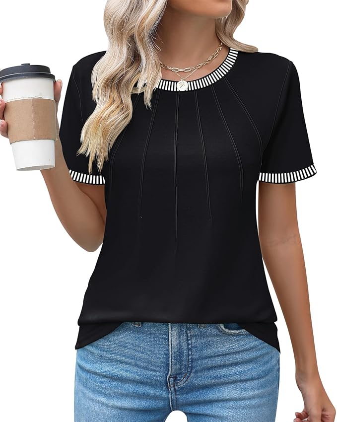 Kistore Womens Casual Crew Neck Short Sleeve Pleated Tops Blouses Fashion Clothes 2026