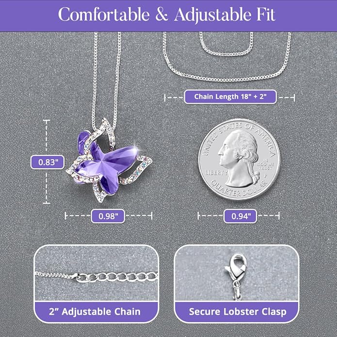 GEMMANCE Gift Butterfly Birthstone Crystal Necklace, Silver Tone with 18”+2” Chain, Necklace for Mother’s Day Anniversary Birthday Gifts for Women and Daughter, Valentine's Day