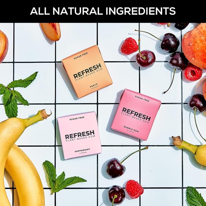 Refresh Gum, Sugar Free, Natural, Xylitol, Long Lasting Chewing Gum, Natural Flavors, Organic Ingredients, Plastic Free, Non GMO, Gluten Free, Vegan (12 Count (Pack of 6), Fruit Variety)