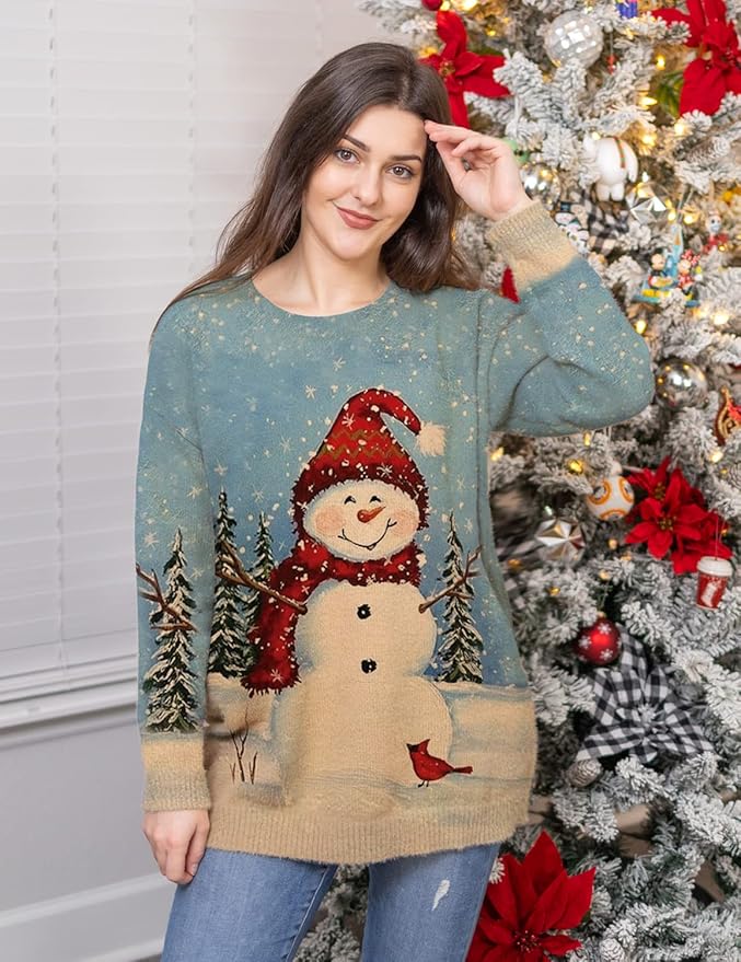 YESNO Women Christmas Sweater Graphic Printed Oversized Pullover Sweaters Casual Loose Knit Tops S01
