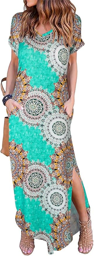 Arolina Women's Summer Maxi Dress Short Sleeve V Neck Casual Loose Long Beach Split Dresses with Pockets