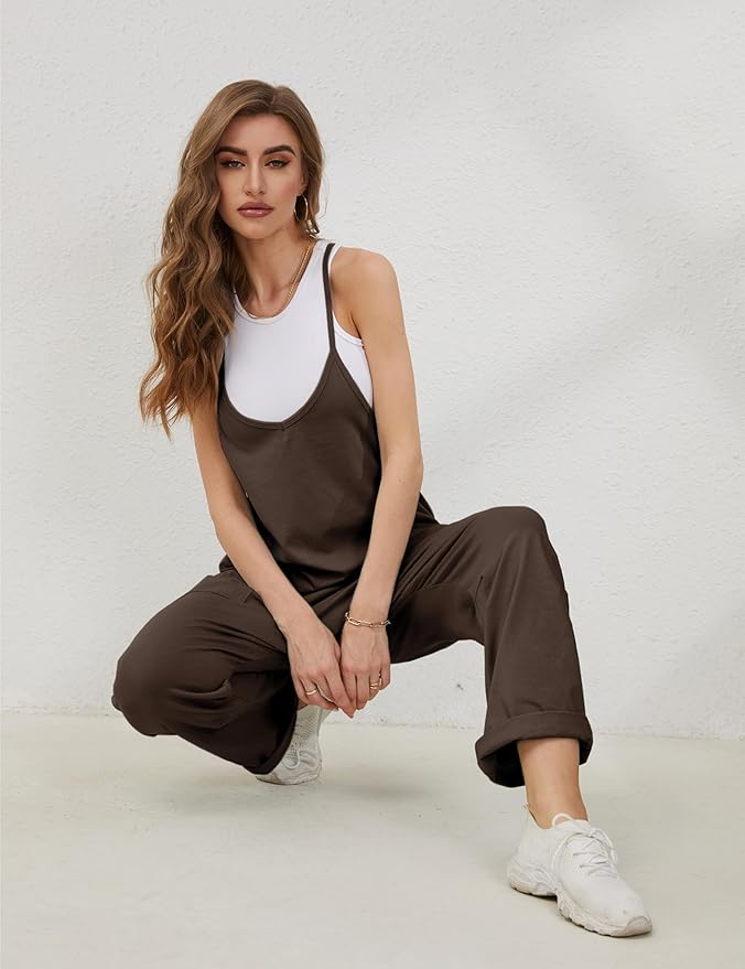 Lentta Women's Causal Jumpsuits V Neck Sleeveless Harem Overalls Stretchy Adjustable Strap Romper with Pockets