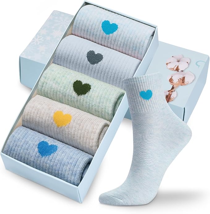 Corlap Women's Cute Cotton Crew Athletic Running Socks - Ankle High, Novelty Fun Heart Design 5-Pairs (Gift Box)