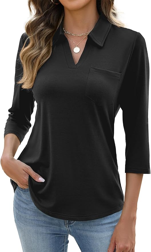 AKEWEI Womens 3/4 Length Sleeve Tops V Neck Casual Basic Tees Work Polo Shirts Collared Summer Top with Front Pocket